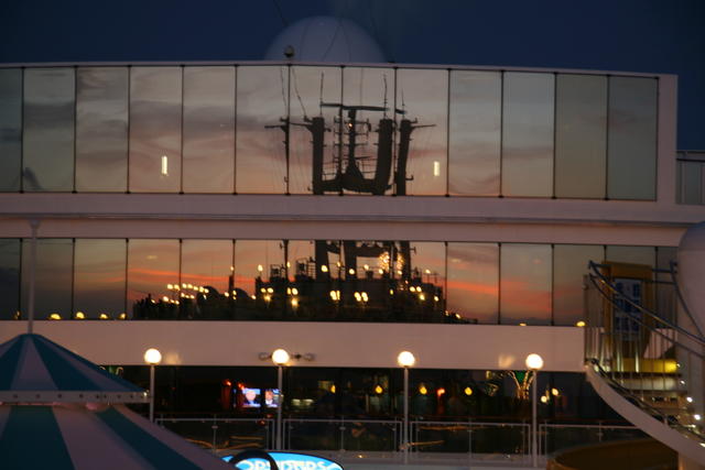 Sunset reflection of liner tower