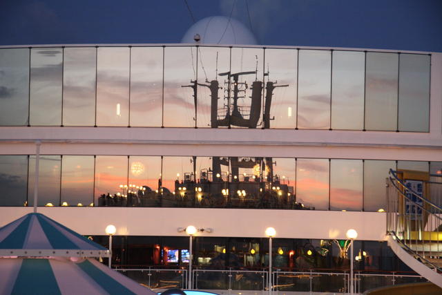 Sunset reflection of liner tower